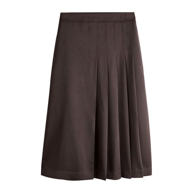 Kilt mi-long en satin plissé marron chocolat <span itemprop=