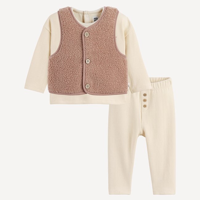 Ensemble 3 pièces, avec veste en sherpa, sweat et pantalon doux et chauds beige/marron <span itemprop=