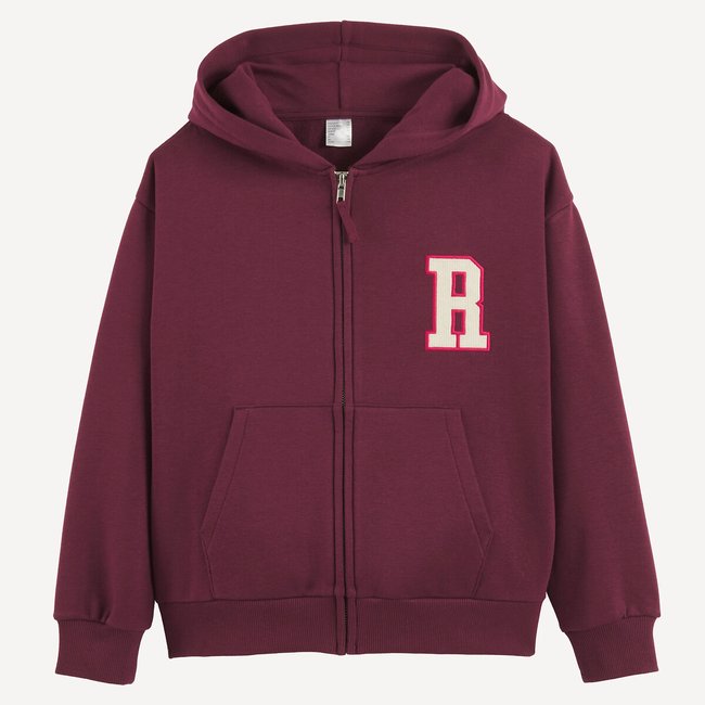 Sweat zippé à capuche, avec badges brodés devant et au dos, en molleton bordeaux <span itemprop=
