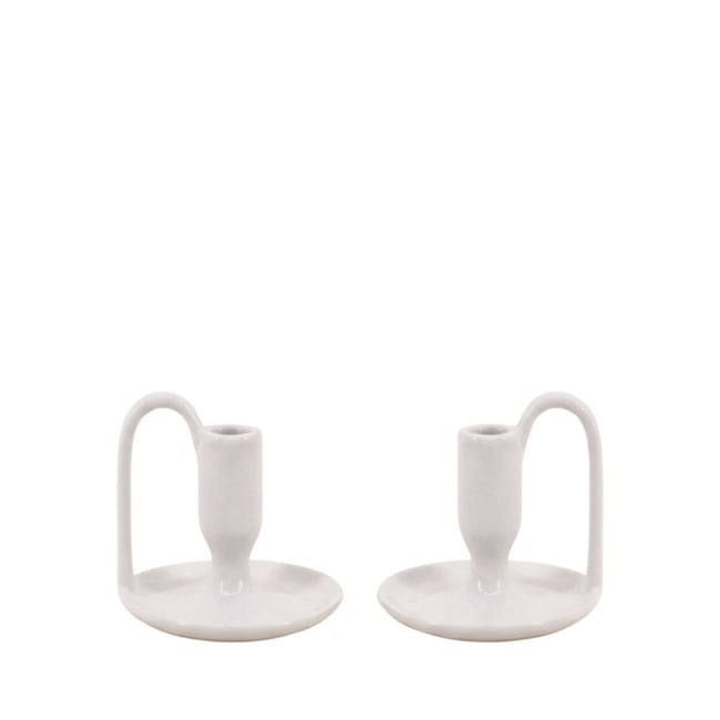 Lot de 2 bougeoirs blanc en céramique avec anse 11cm Couleur blanc <span itemprop=