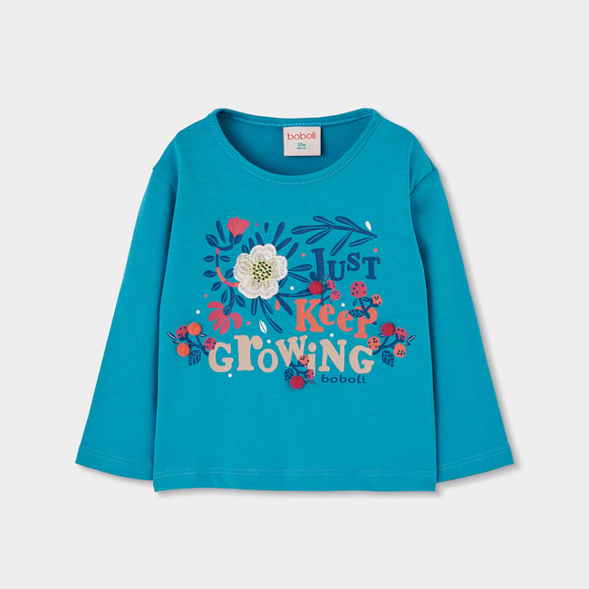T-shirt fille maille imprimé floral vert <span itemprop=
