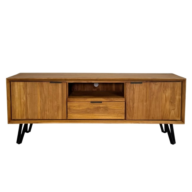 Meuble TV 155cm teck massif naturel pieds épingle style exotique contemporain BOMBAY Couleur bois naturel <span itemprop=