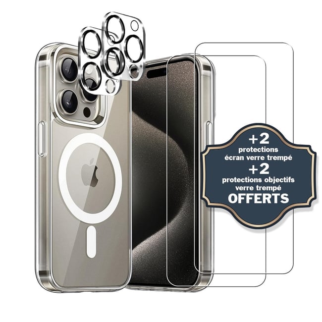 Coque Anti-choc compatible Magsafe pour iPhone 15 Pro Transparente + 2 protections écran et 2 protections objectif caméra transparent <span itemprop=