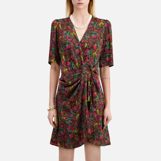 Kurzärmeliges Seidenkleid, Wickelform rot bedruckt <span itemprop=