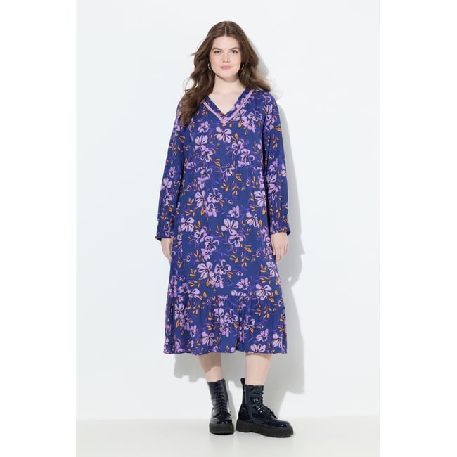 Robe midi à fleurs, coupe évasée bleu foncé <span itemprop=