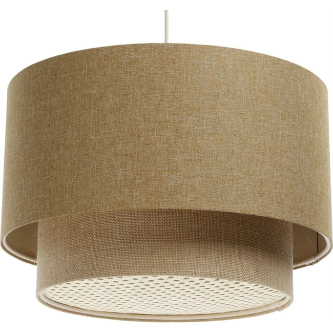 Suspension ronde en tissu et rotin Boho Elegant Couleur beige crème et rotin naturel <span itemprop=