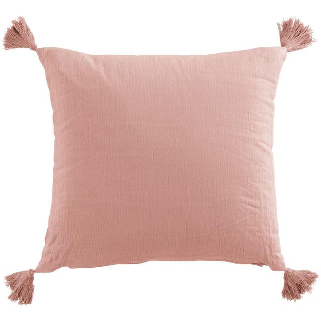 Coussin carré 40x40 cm Gaze de coton avec pompons Rose rose pêche <span itemprop=