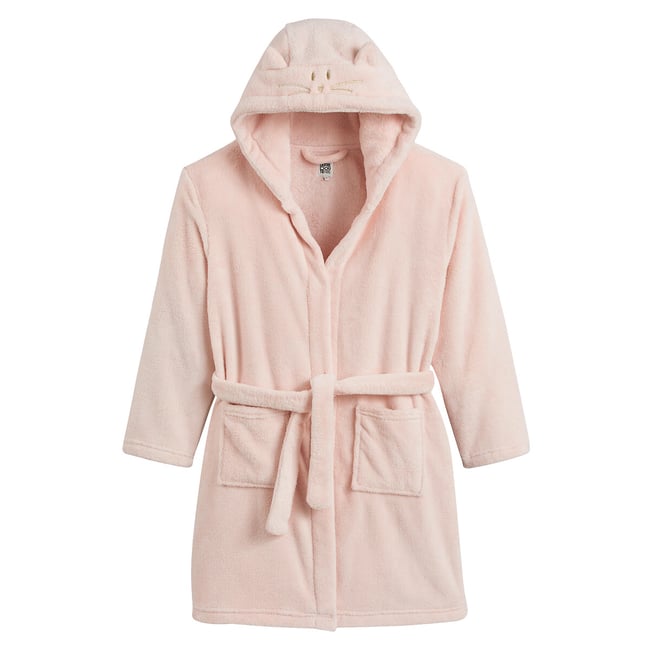 Robe de chambre à capuche chat en polaire douce rose pale <span itemprop=