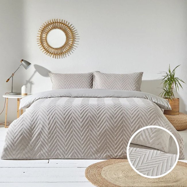Chevron Tufted Geometric 100% Cotton Duvet Cover and Pillowcase Set, raw linen, YARD