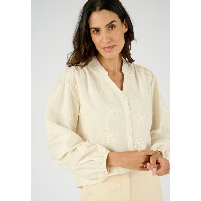 Chemisier broderies reliéfées marron ivoire <span itemprop=