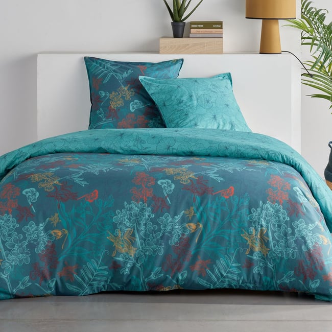 Parure de lit imprimé Floral SUNSHINE CLAUDIA bleu <span itemprop=