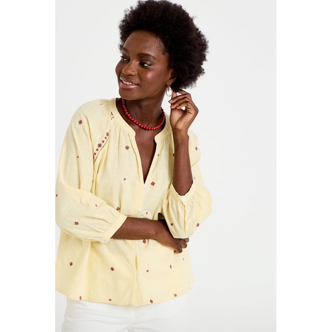 Blouse ample col tunisien manches 3/4 jaune pastel <span itemprop=