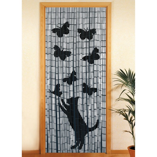 Rideau De Porte Chat Et Papillon - Bambou gris <span itemprop=