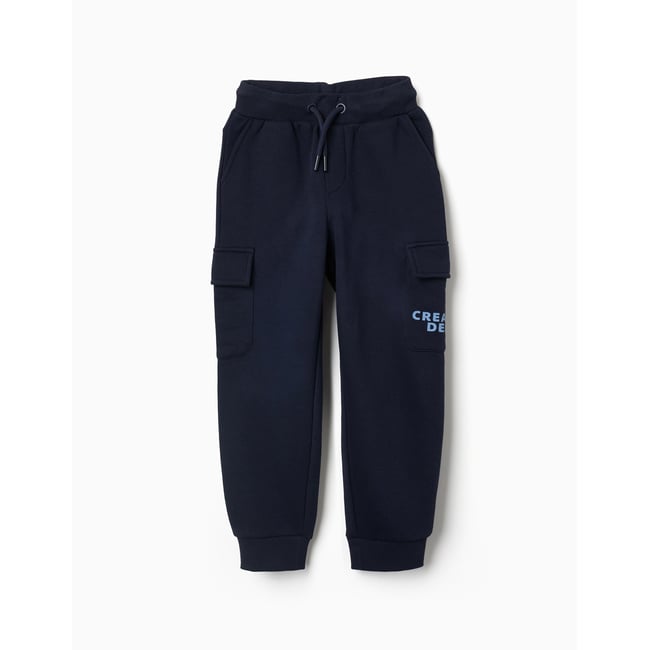 Jogpant cargo en coton peigné à imprimé Creative bleu foncé <span itemprop=