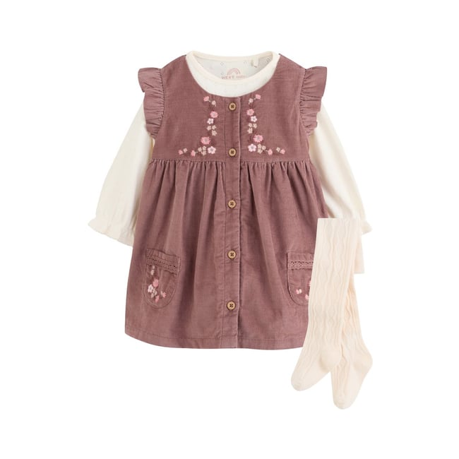 Robe chasuble bébé, body et collants, 3 pcs floral brun chocolat <span itemprop=