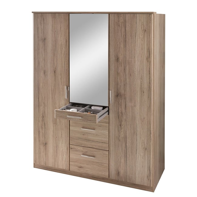 Armoire 3 portes dont 1 miroir, 4 tiroirs - L135 cm Couleur chêne artisan <span itemprop=