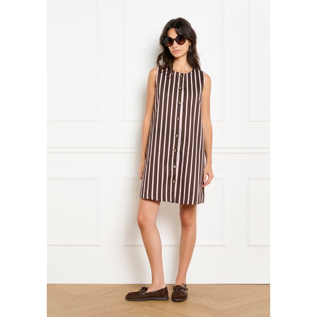 Robe rayée sans manches boutonnée brun fonce chocolate <span itemprop=