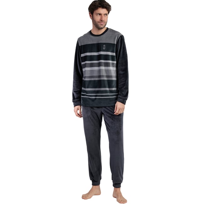 Pyjama velours pantalon top manches longues Stripe Hype gris <span itemprop=