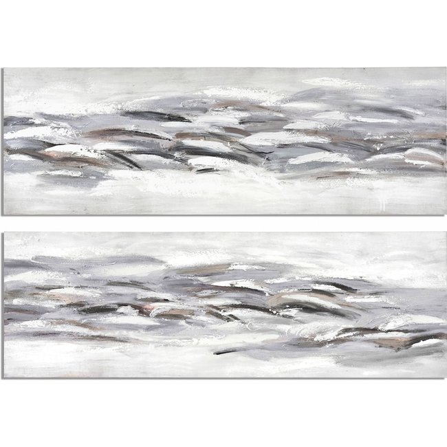 Tableau abstrait en toile, Motif poissons Couleur gris nuancé beige et blanc <span itemprop=