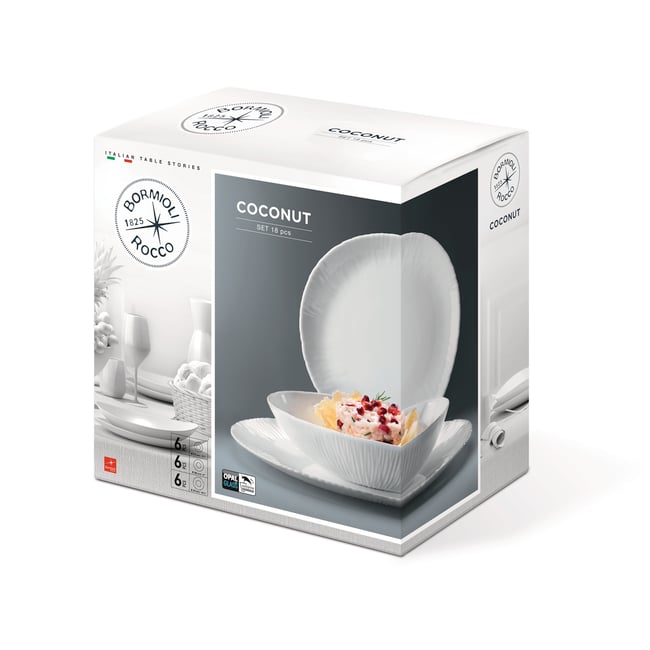 Service de table en opale, 18 pièces, 6 personnes, COCONUT Couleur blanc <span itemprop=