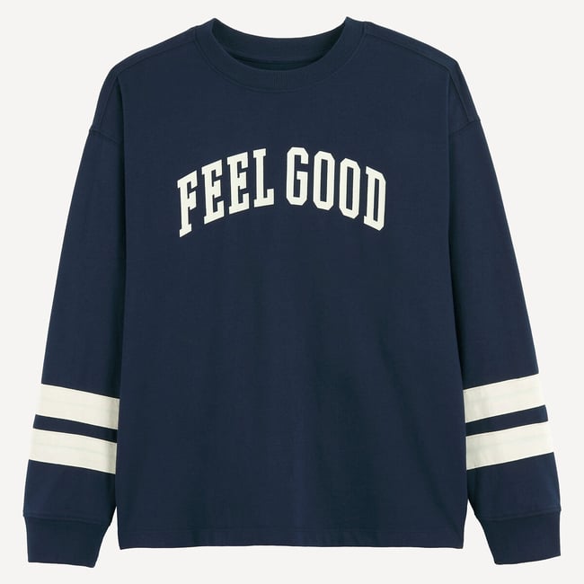 T-shirt col rond, manches longues, à message bleu marine <span itemprop=