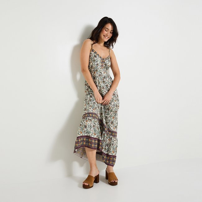 Robe longue imprimée blanc cassé ecru <span itemprop=
