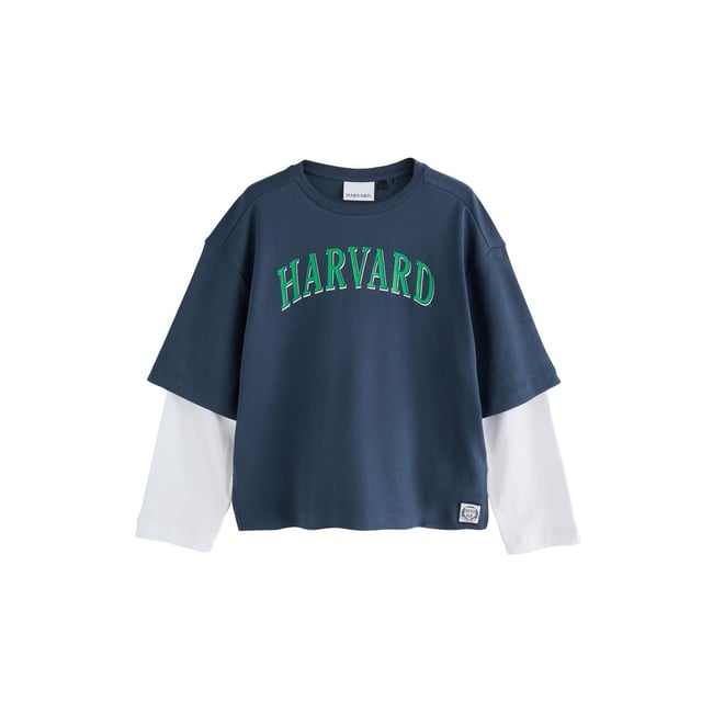 T-shirt décontracté superposé manches longues bleu marine <span itemprop=