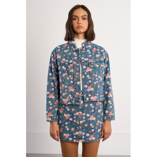 Veste denim à fleurs denim blue <span itemprop=