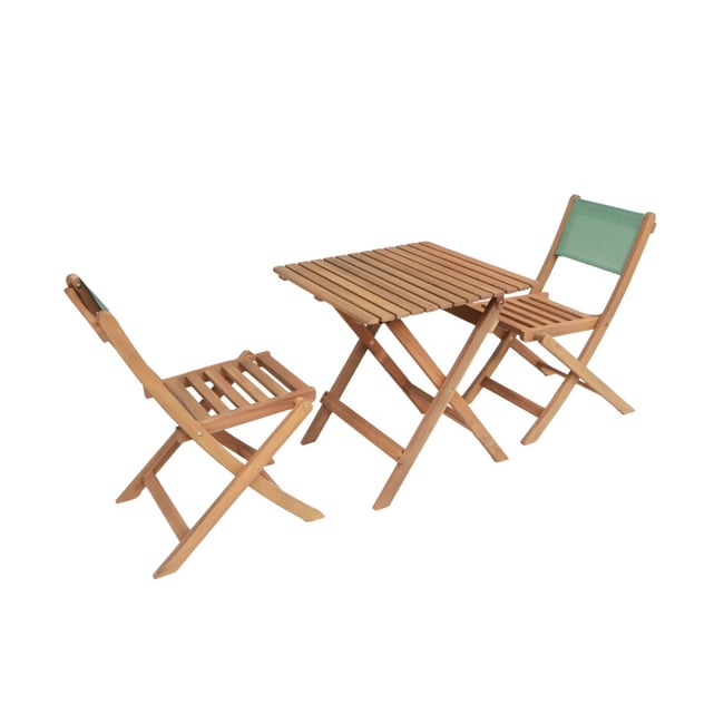Table de jardin bistrot enfant bois d'acacia + 2 assises ELISE vert de gris <span itemprop=