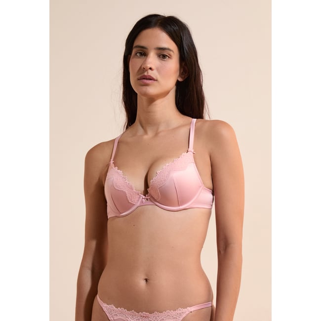Soutien-gorge N.2 - Le push-up plongeant satiné CHUCHOTEE rose poudre <span itemprop=
