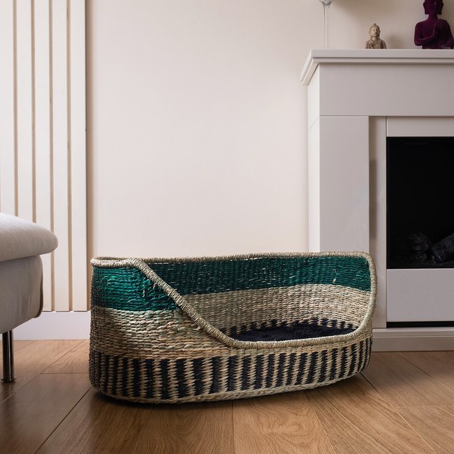 Green Trim Seagrass Pet Bed with Cushion Medium, natural/green, SO'HOME