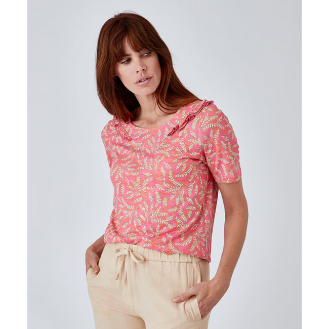Tee-shirt volanté manches courtes rose herbier <span itemprop=