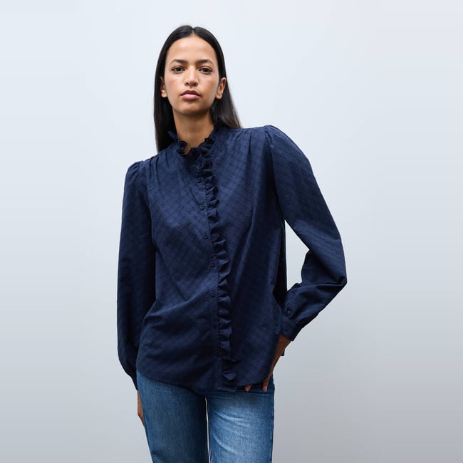 Blouse manches longues brodée en coton - MONOPRIX