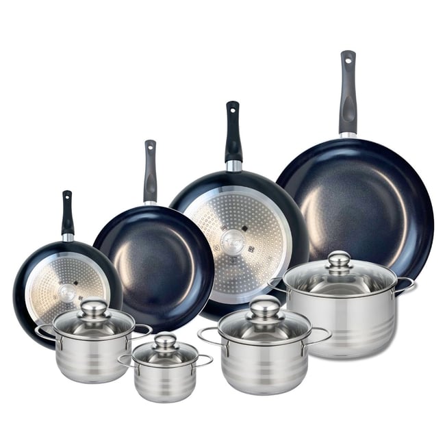 4 poêles 20/24/28/32cm + 4 faitouts 12/14/16/20cm PRIMA BRILLANT noir <span itemprop=