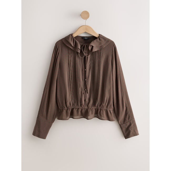 Chemisier nervuré à manches longues/volants imprimé cœur marron chocolat <span itemprop=