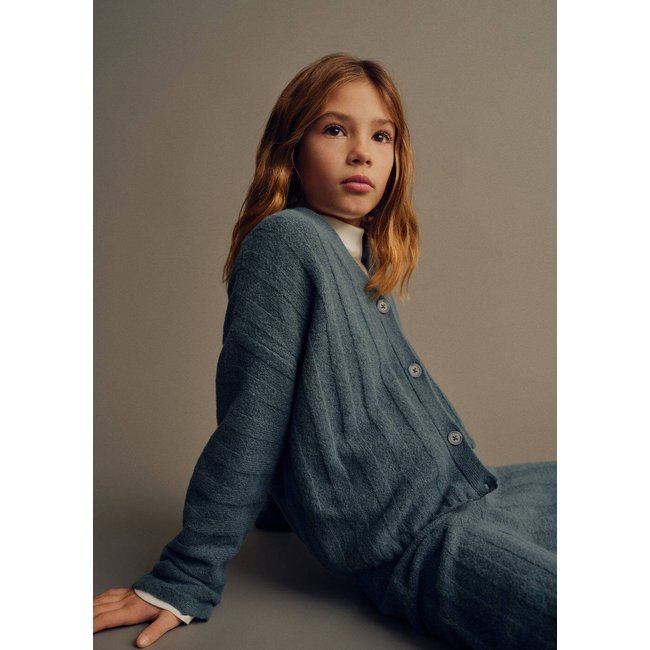 Cardigan maille rayures bleu pétrole <span itemprop=