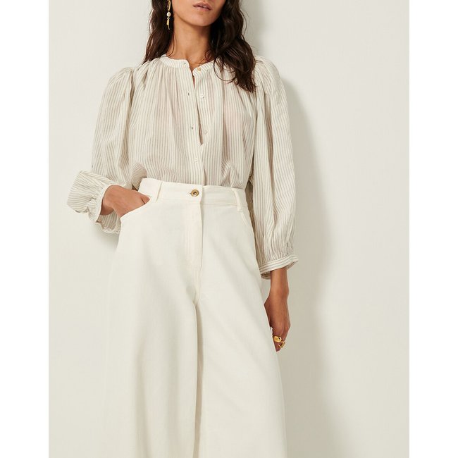 Gestreifte Bluse mit 3/4-Ballonärmeln mit Lochmuster, LUCY H grau weiss gestreit <span itemprop=