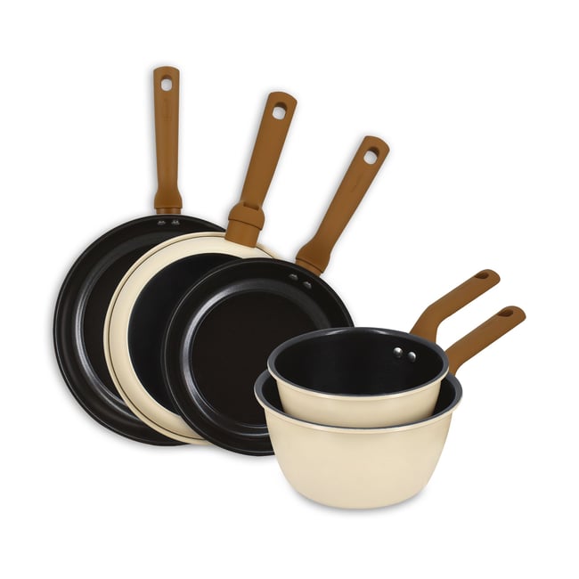 Batterie de cuisine 5 pièces en acier carbone, PRATICOOK beige <span itemprop=