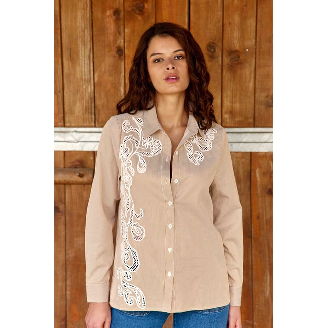 Chemisier manches longues col chemise imprimé à rayures CLEMA 15-ecru/camel <span itemprop=
