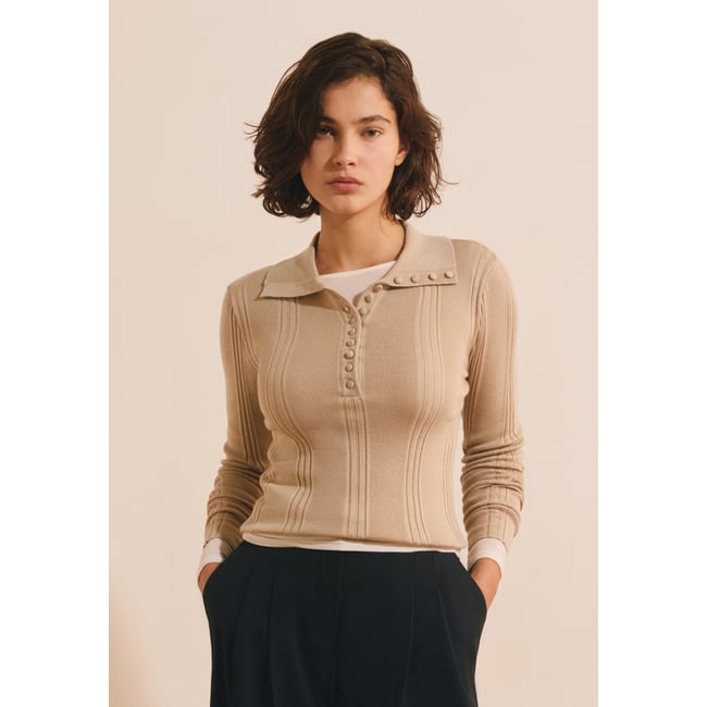 Pull manches longues à col polo STUART beige <span itemprop=