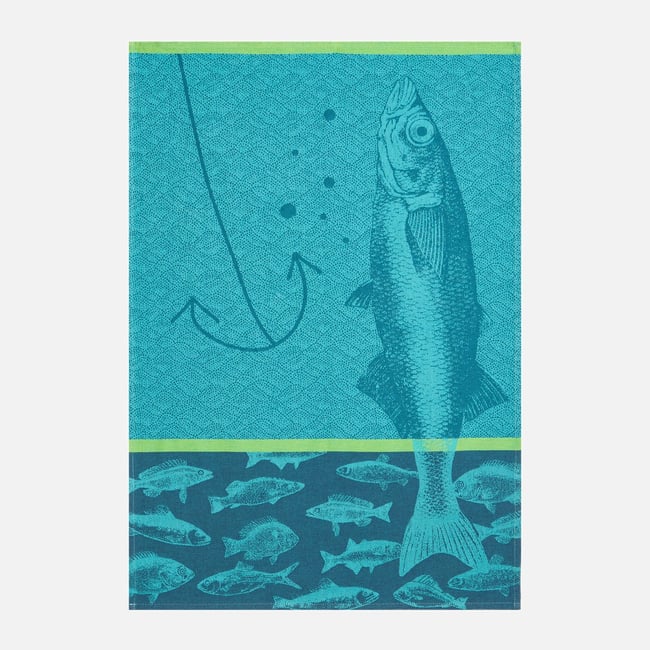 Torchon jacquard en coton POISSONS bleu <span itemprop=