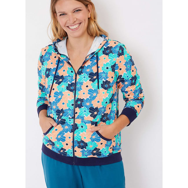 Gilet sweat coton bio zippé imprimé WOODINE bleu orange <span itemprop=