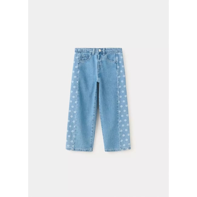Jean droit imprimé fleuri bleu moyen <span itemprop=