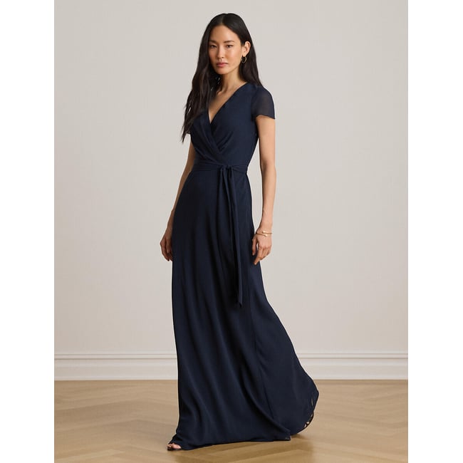 Robe longue à col V croisé et manches courtes marine <span itemprop=
