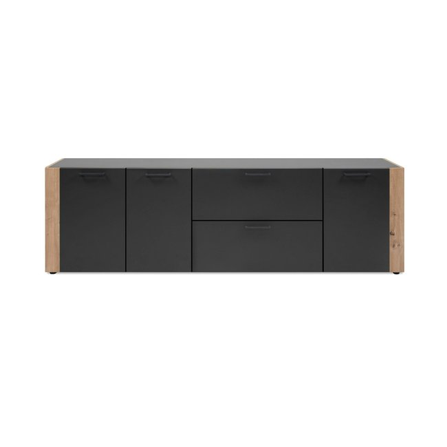 Long meuble TV gris foncé 3 portes 2 tiroirs ALVA Couleur bois naturel <span itemprop=