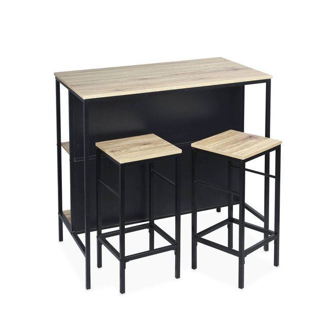 Table haute décor bois et métal avec 2 étagéres 2 tabourets LOFT Couleur naturel <span itemprop=