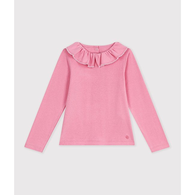 T-shirt manches longues à col volanté rose <span itemprop=
