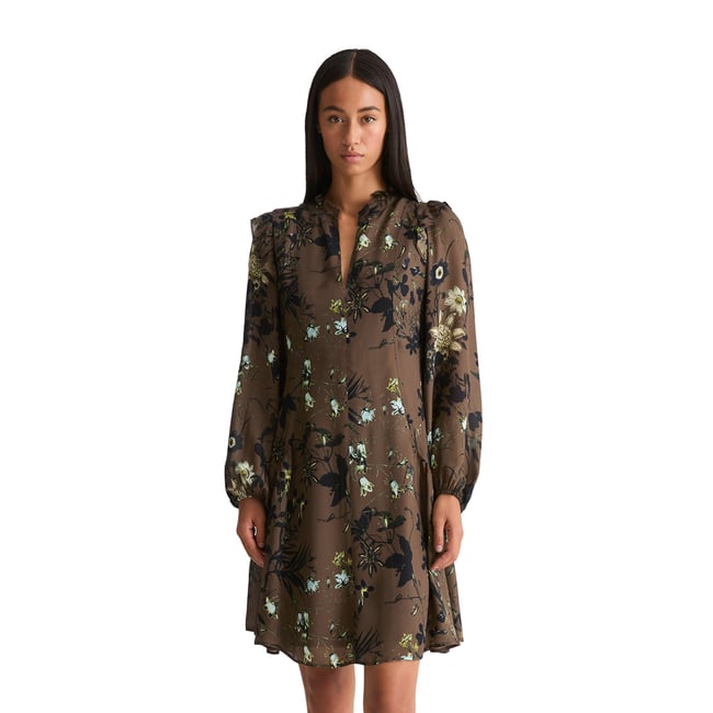 Robe courte coupe trapèze en crêpe de viscose fluide marron <span itemprop=