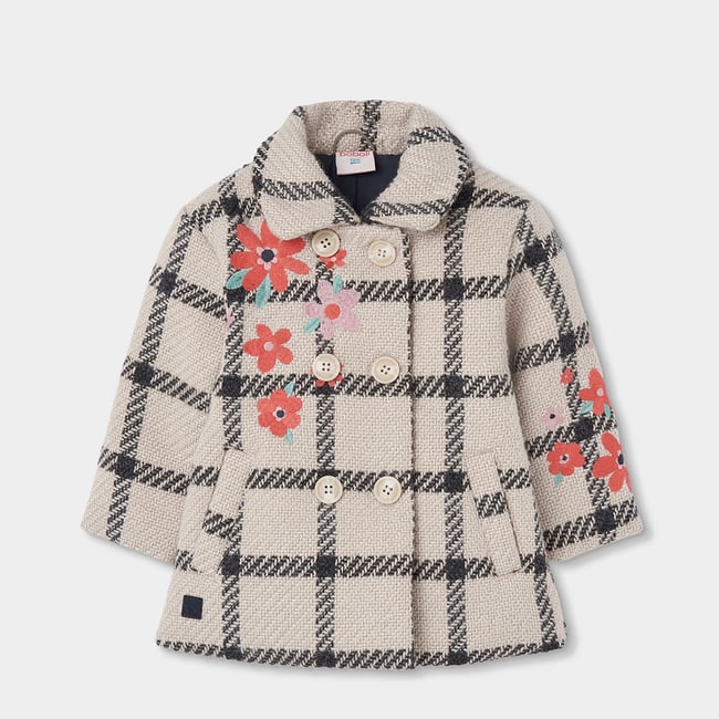 Manteau fille carreaux broderie fleurs beige <span itemprop=