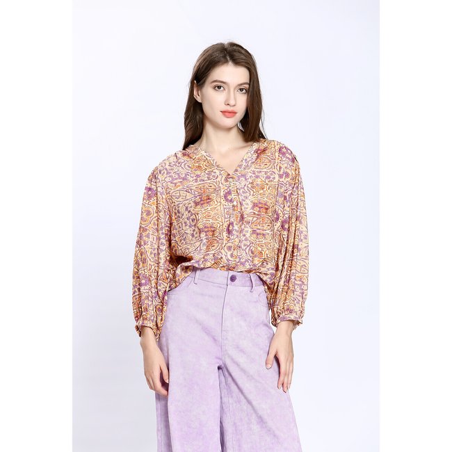 Camicia scollo a V, stampata rosa SEE U SOON